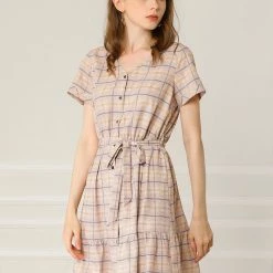 Allegra K Women's Plaid V Neck Button Down Belted A-Line Dress