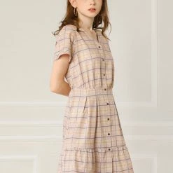 Allegra K Women's Plaid V Neck Button Down Belted A-Line Dress