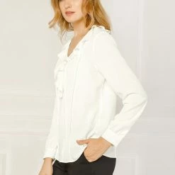 Allegra K Women's Ruffle V Neck Chiffon Blouse For Office Work Pleated Vintage Shirt