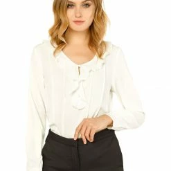 Allegra K Women's Ruffle V Neck Chiffon Blouse For Office Work Pleated Vintage Shirt