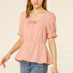 Allegra K Women's Peplum Top Elastic Waist Scoop Neck Short Puff Sleeve Blouse