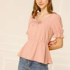 Allegra K Women's Peplum Top Elastic Waist Scoop Neck Short Puff Sleeve Blouse