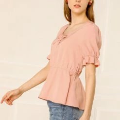 Allegra K Women's Peplum Top Elastic Waist Scoop Neck Short Puff Sleeve Blouse