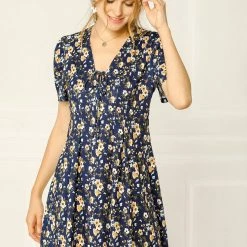 Allegra K Women's Summer Sundress V Neck Tie Front Puff Sleeves Floral Short Mini Dress 12 Allegra K Women's Summer Sundress V Neck Tie Front Puff Sleeves Floral Short Mini Dress