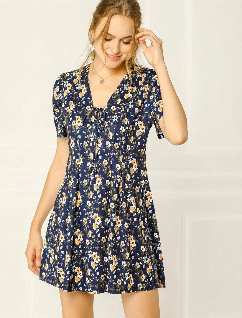 Allegra K Women's Summer Sundress V Neck Tie Front Puff Sleeves Floral Short Mini Dress 5 Allegra K Women's Summer Sundress V Neck Tie Front Puff Sleeves Floral Short Mini Dress