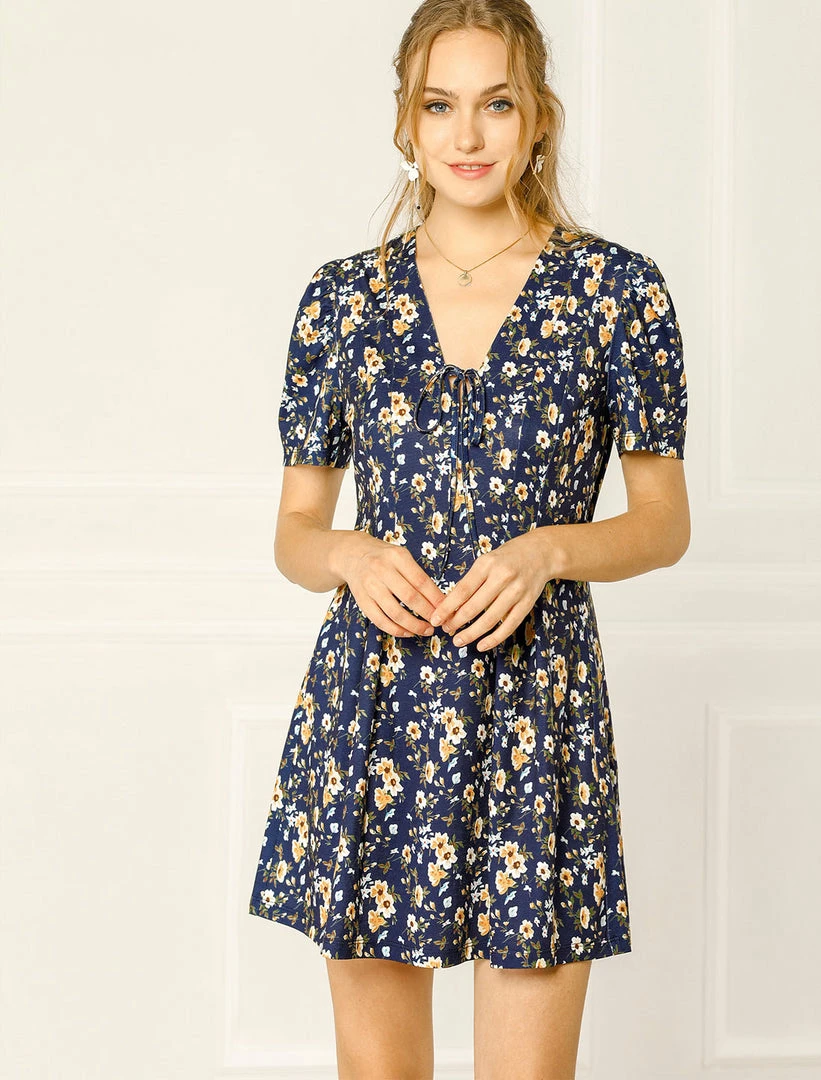 Allegra K Women's Summer Sundress V Neck Tie Front Puff Sleeves Floral Short Mini Dress 6 Allegra K Women's Summer Sundress V Neck Tie Front Puff Sleeves Floral Short Mini Dress