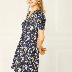 Allegra K Women's Summer Sundress V Neck Tie Front Puff Sleeves Floral Short Mini Dress 14 Allegra K Women's Summer Sundress V Neck Tie Front Puff Sleeves Floral Short Mini Dress