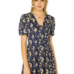 Allegra K Women's Summer Sundress V Neck Tie Front Puff Sleeves Floral Short Mini Dress