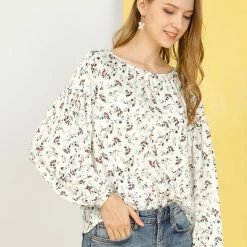 Allegra K Women's Floral Bishop Long Sleeves Round Neck Casual Blouse Top
