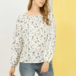 Allegra K Women's Floral Bishop Long Sleeves Round Neck Casual Blouse Top