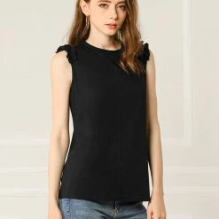 Allegra K Women's Ruffle Trim Casual Tank Top Office Sleeveless Cotton T Shirts