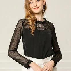 Allegra K Lace Floral Panel Crew Neck Long Sleeves Peasant Blouse Women