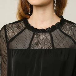 Allegra K Lace Floral Panel Crew Neck Long Sleeves Peasant Blouse Women