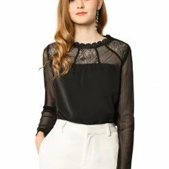 Allegra K Lace Floral Panel Crew Neck Long Sleeves Peasant Blouse Women