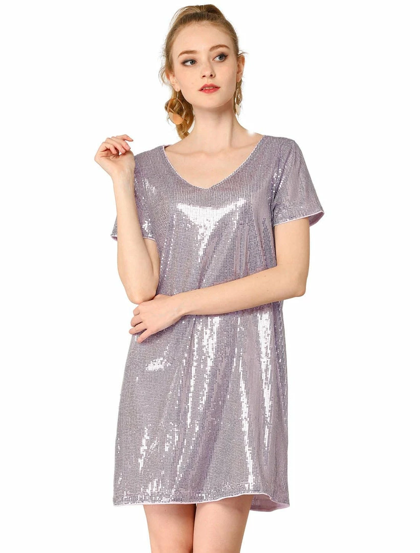 Allegra K Women's Glitter Sparkle V Neck Mini Party Club Sequin Dress 12 Allegra K Women's Glitter Sparkle V Neck Mini Party Club Sequin Dress