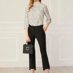 Allegra K Women's Pleated Neck 3/4 Sleeve Casual Office Dot Print Blouse Top