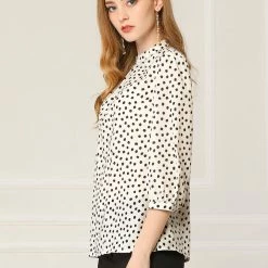 Allegra K Women's Pleated Neck 3/4 Sleeve Casual Office Dot Print Blouse Top