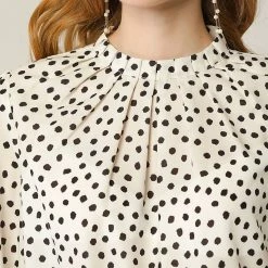 Allegra K Women's Pleated Neck 3/4 Sleeve Casual Office Dot Print Blouse Top
