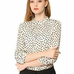 Allegra K Women's Pleated Neck 3/4 Sleeve Casual Office Dot Print Blouse Top