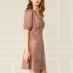 Allegra K Women's Plaid Lantern Sleeves V Neck Button Decor A-Line Mini Dress 21 Allegra K Women's Plaid Lantern Sleeves V Neck Button Decor A-Line Mini Dress