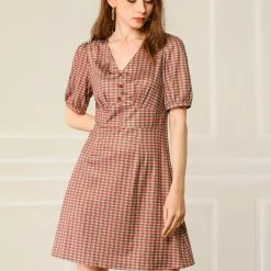 Allegra K Women's Plaid Lantern Sleeves V Neck Button Decor A-Line Mini Dress 22 Allegra K Women's Plaid Lantern Sleeves V Neck Button Decor A-Line Mini Dress