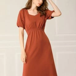 Allegra K Women's Vintage Sweetheart Neck Smocked Front Short Puff Sleeve Dress