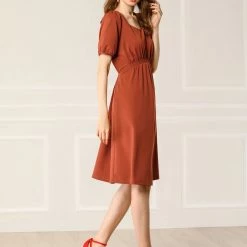 Allegra K Women's Vintage Sweetheart Neck Smocked Front Short Puff Sleeve Dress