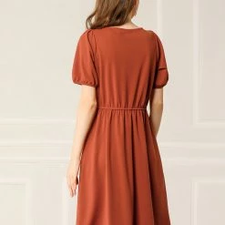 Allegra K Women's Vintage Sweetheart Neck Smocked Front Short Puff Sleeve Dress