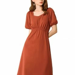 Allegra K Women's Vintage Sweetheart Neck Smocked Front Short Puff Sleeve Dress