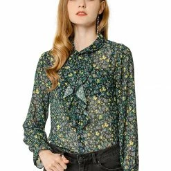 Allegra K Women's Collar Button Down Floral Long Sleeve Ruffled Shirt