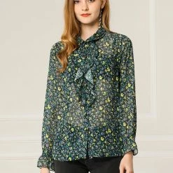 Allegra K Women's Collar Button Down Floral Long Sleeve Ruffled Shirt