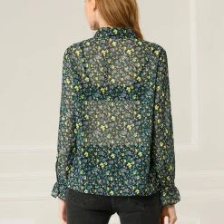 Allegra K Women's Collar Button Down Floral Long Sleeve Ruffled Shirt