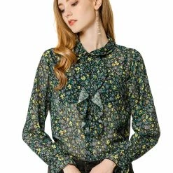 Allegra K Women's Collar Button Down Floral Long Sleeve Ruffled Shirt