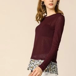 Allegra K Women's Round Neck Long Sleeves Tops Knit Side Slits Floral Hem Blouse