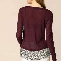 Allegra K Women's Round Neck Long Sleeves Tops Knit Side Slits Floral Hem Blouse