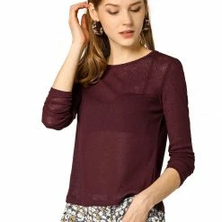 Allegra K Women's Round Neck Long Sleeves Tops Knit Side Slits Floral Hem Blouse