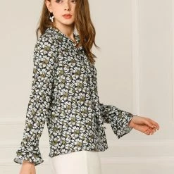 Allegra K Tie V Neck Blouse Long Trumpet Sleeve Floral Shirt Women