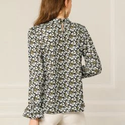 Allegra K Tie V Neck Blouse Long Trumpet Sleeve Floral Shirt Women