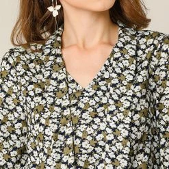 Allegra K Tie V Neck Blouse Long Trumpet Sleeve Floral Shirt Women