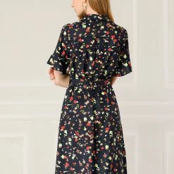 Allegra K Women's Belted Slit Hem Bell Sleeve A-line Floral Dress