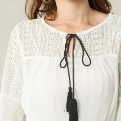 Allegra K Women's Lace Panel Tassel Tie Neck Smocked Waist Embroidery Peplum Top