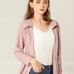 Allegra K Women's Casual Solid Color Drawstring Waist Long Sleeve Thin Jacket