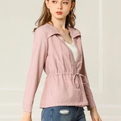 Allegra K Women's Casual Solid Color Drawstring Waist Long Sleeve Thin Jacket