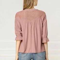 Allegra K Women's Lace Button Down 3/4 Sleeves Solid Color Blouse Shirt