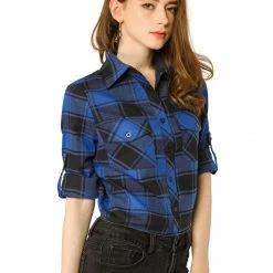 Allegra K Check Roll Up Sleeves Shirt With Flap Pockets