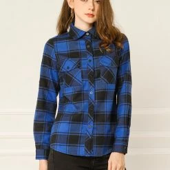 Allegra K Check Roll Up Sleeves Shirt With Flap Pockets
