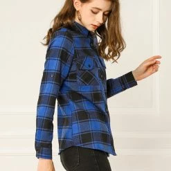 Allegra K Check Roll Up Sleeves Shirt With Flap Pockets