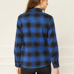 Allegra K Check Roll Up Sleeves Shirt With Flap Pockets