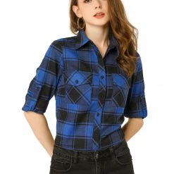 Allegra K Check Roll Up Sleeves Shirt With Flap Pockets