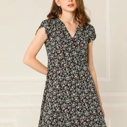 Allegra K Clothing Women Floral Crossover V Neck Petal Sleeves Flowy Dress With Belt